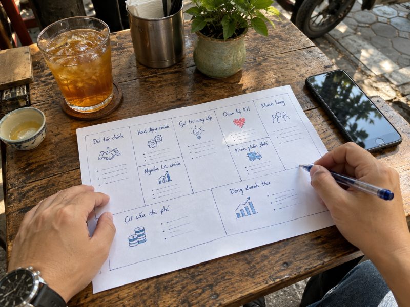 Business Model Canvas 9 ô vẽ tay trên bàn cà phê