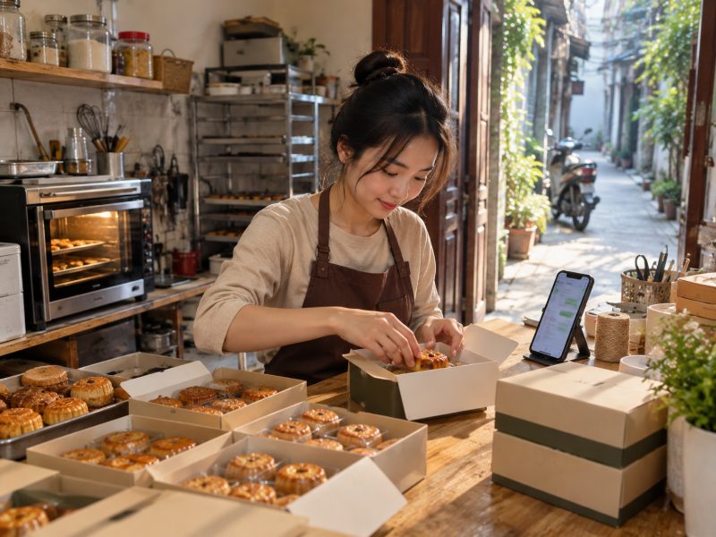 Chủ tiệm bánh nhỏ đóng hộp bánh giao hàng online