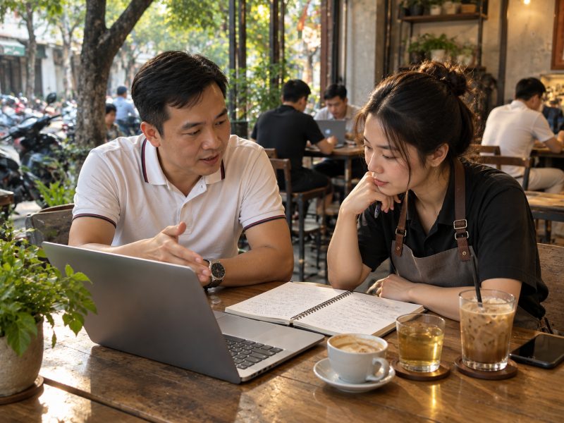 Buổi tư vấn mô hình kinh doanh cho chủ cửa hàng tại quán cà phê